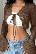 Korejpaa Y2k Clothes Ropa De Mujer Brown Hollowed Out Knitted Cardigan image 1