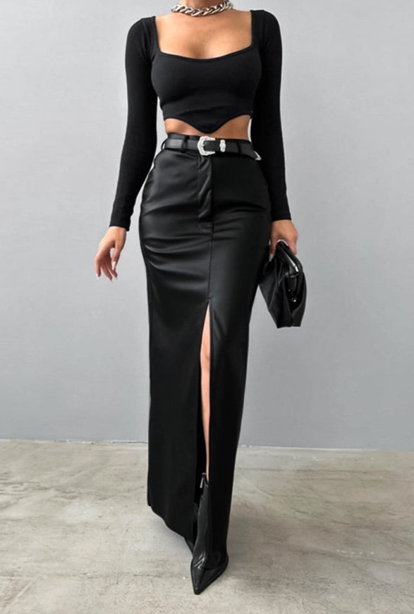 Khaki PU Leather High Waist Split Midi Skirt image 4