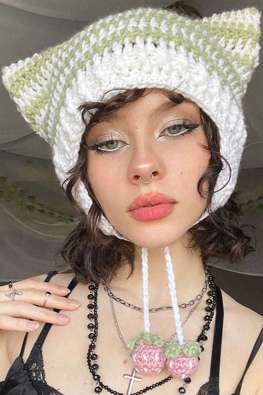 Fox Ears Color Block Striped Pom Pom Knitted Hat image 7