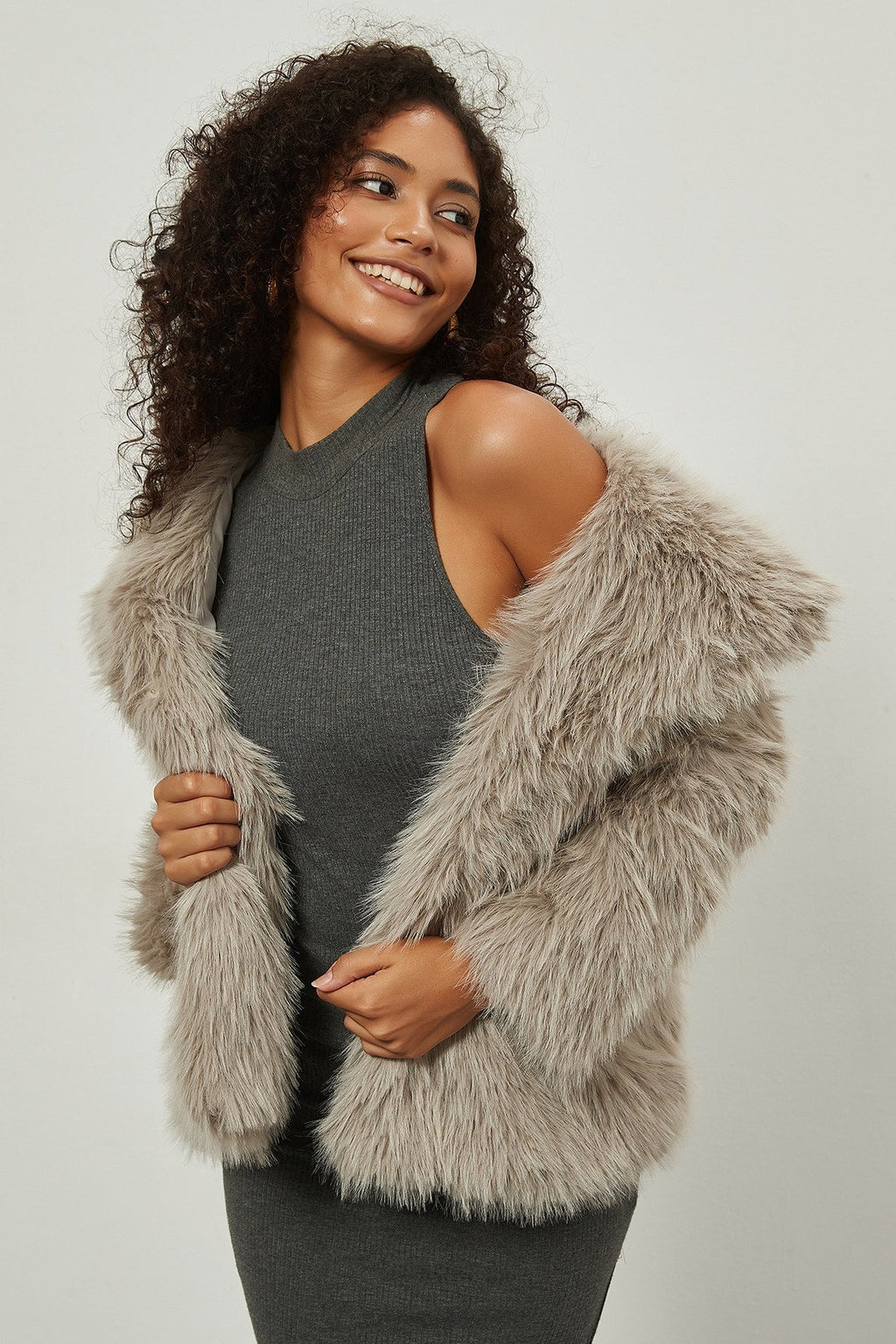 Faux Fur Notch Lapel Winter Coat image 3