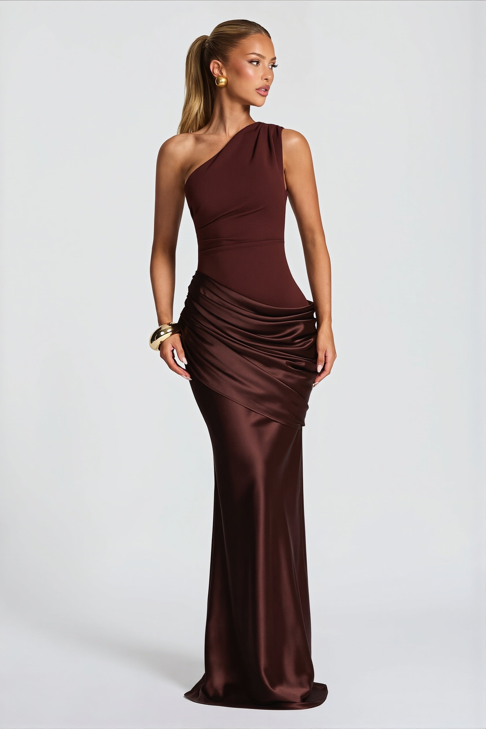 Satin Splice Ruched Slim Maxi Dress image 2