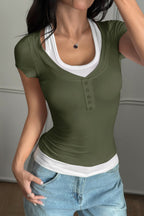 Color Block Fake Two Piece Cami Sleeve T‑shirt image 11