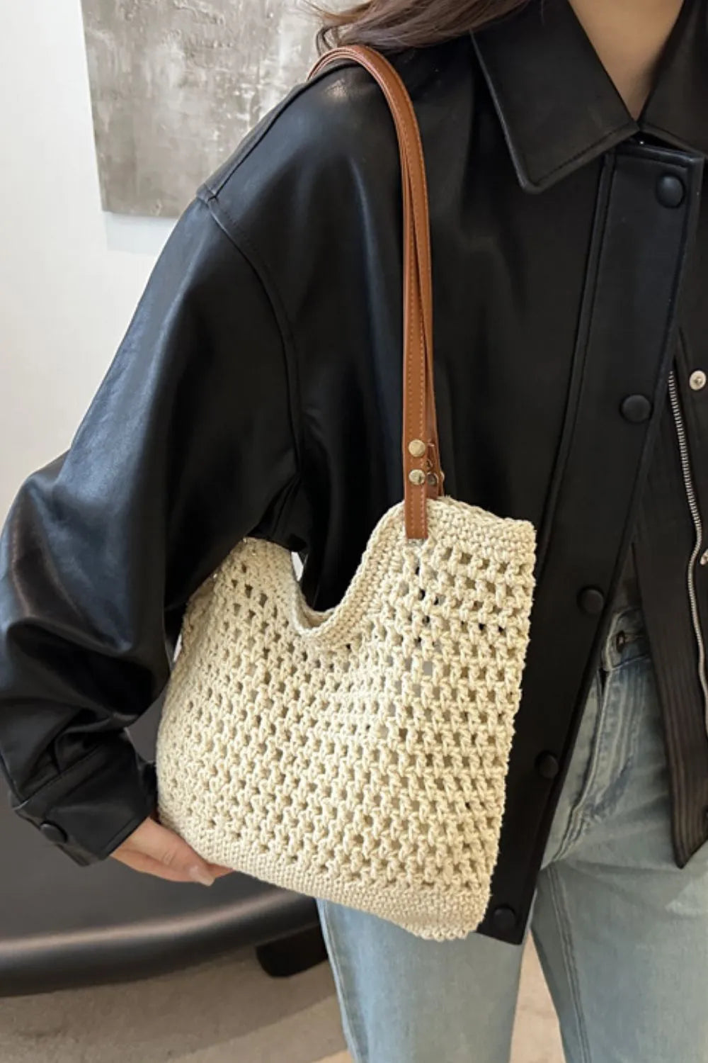 Marina Woven Tote detail view styled for Avrienne
