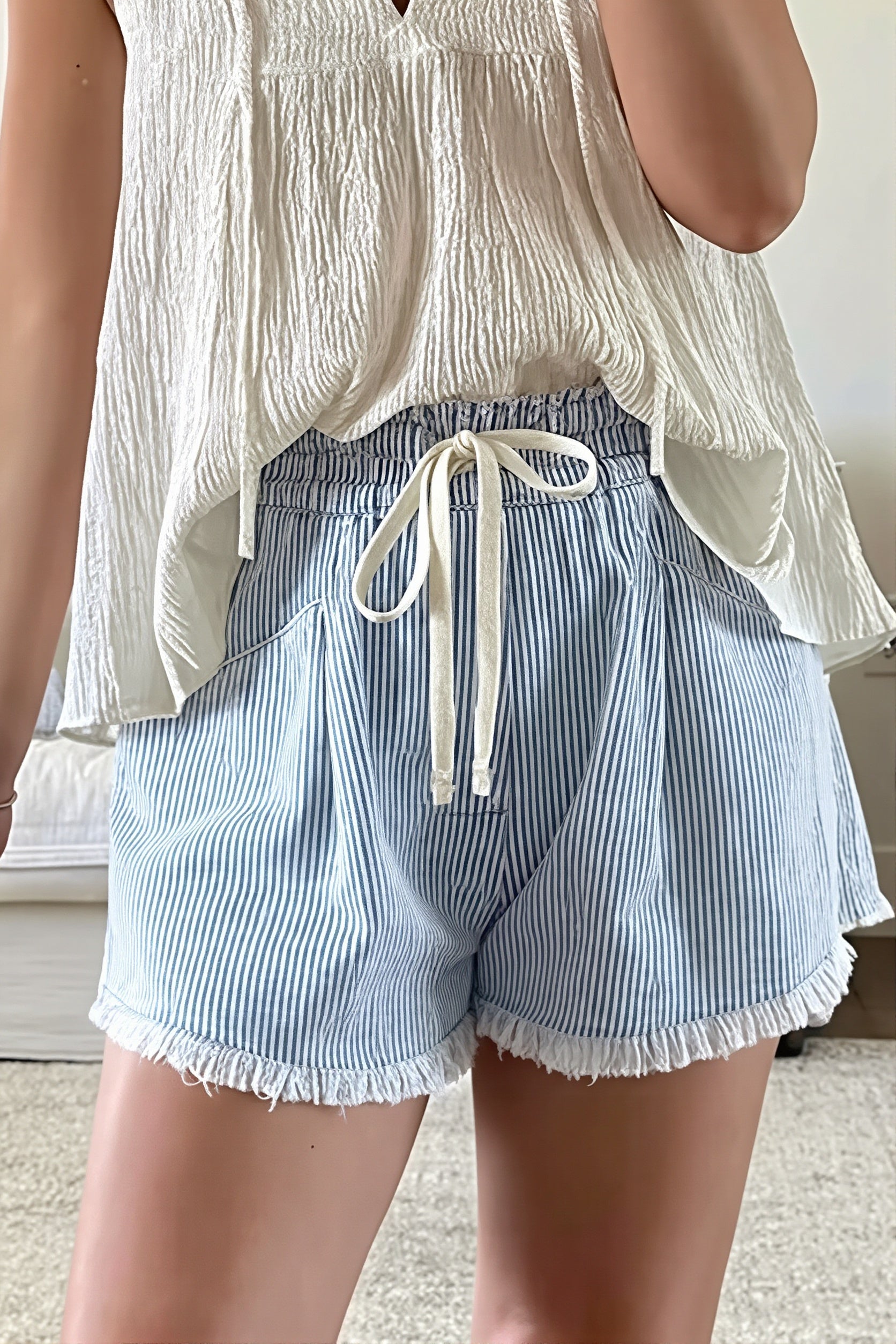 Striped Raw Hem Denim Shorts image 2