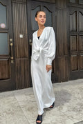Satin Acetate-like V Neck Tie Long Sleeve Skirt Set image 1