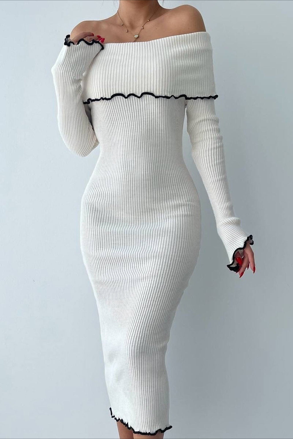 Ribbed Off Shoulder Color Block Knit Sweater Dress image 1