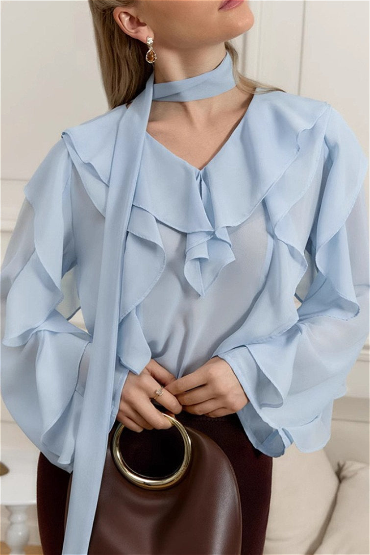 Elegant Solid Chiffon Ruffled Tie Blouse image 1
