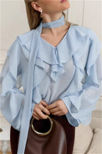 Elegant Solid Chiffon Ruffled Tie Blouse image 1