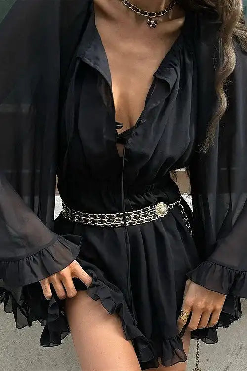Black Mesh Sheer Ruched Waist Mini Dress image 2