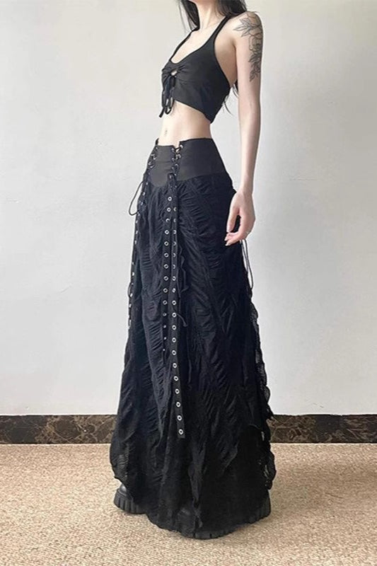 Y2K Goth Lace-Up Paneled Patchwork Maxi Skirt image 3