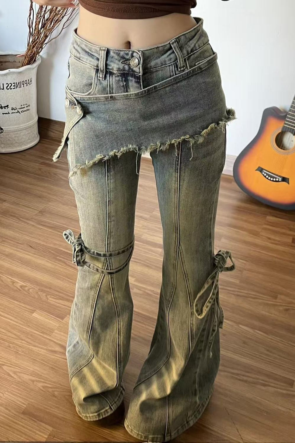 Vintage Fake Two Piece Bootcut Tie Waist Jeans image 1