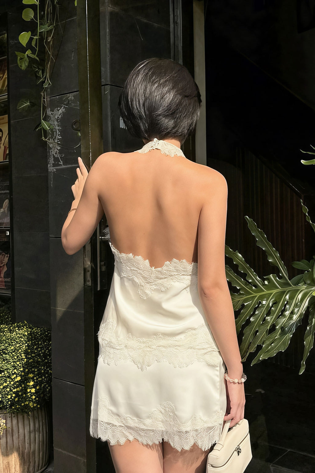 Lace Sleeveless Draped Collar Halter Mini Dress image 5