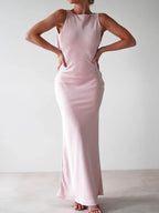 Sylvie Satin Maxi Dress detail view styled for Avrienne