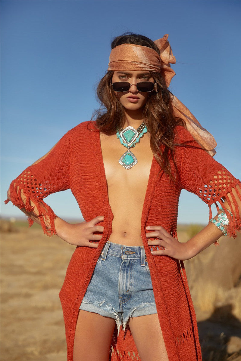 Hollow Knit Fringe Maxi Cover Up image 9