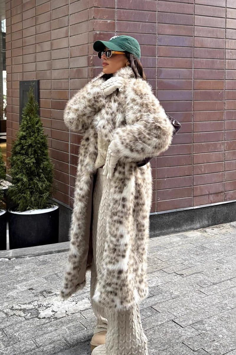 Leopard Print Faux Mink Fur Eco Long Blazer Collar Overcoat image 2