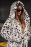 Faux Fur Leopard Print Hooded Long Coat image 1