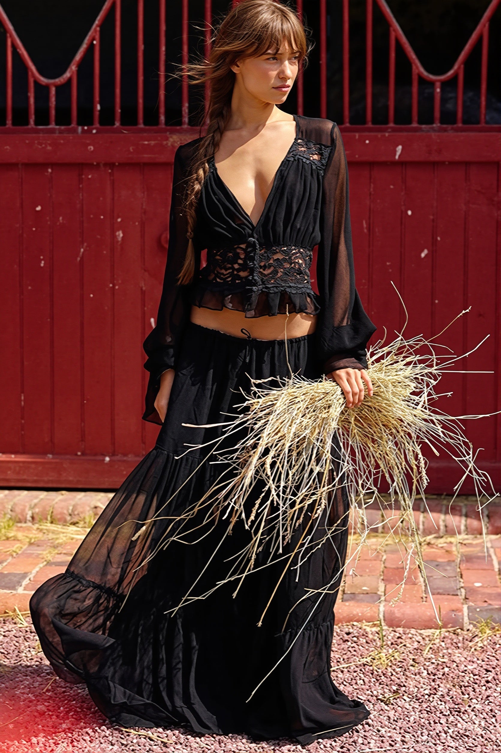 Sexy Lace Chiffon Open Front Wrap Maxi Dress image 2