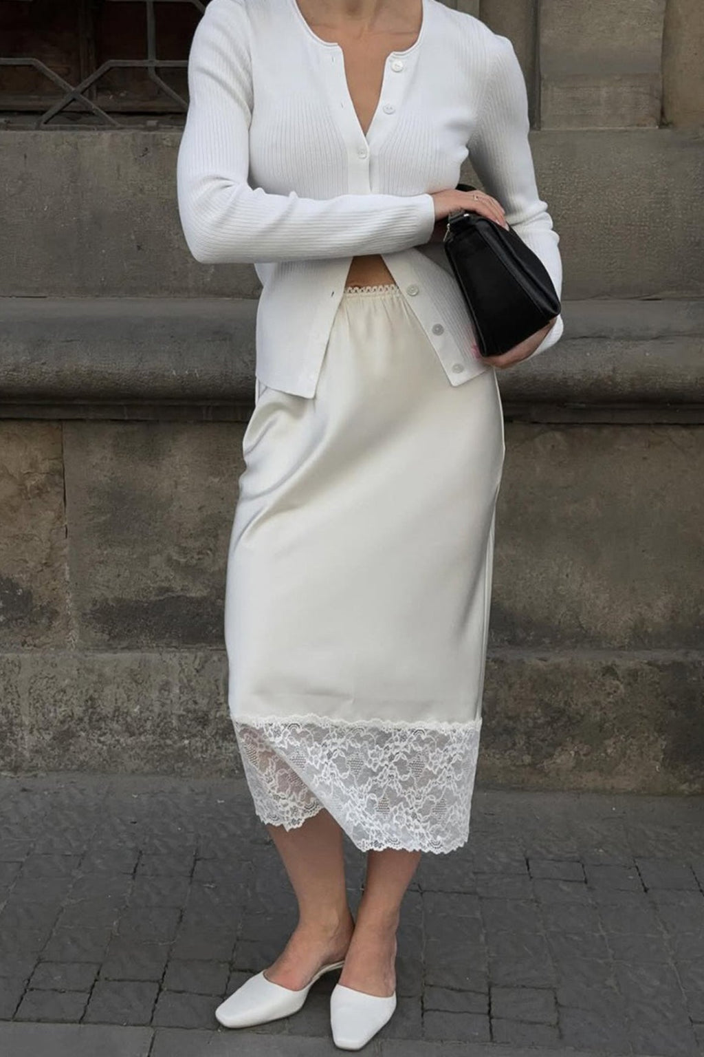 Solid Satin Lace Trim Bodycon Skirt image 5