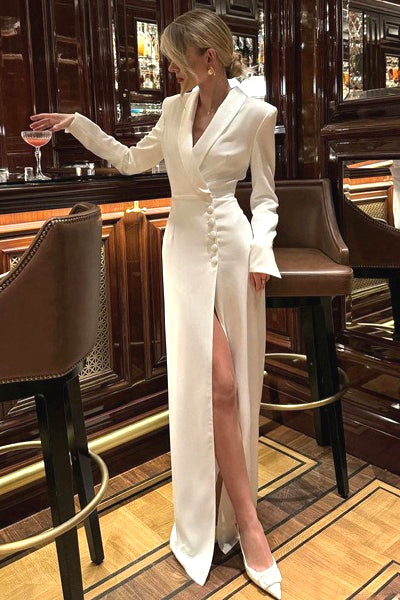 V Neck Long Sleeve High Slit Blazer Maxi Dress image 2