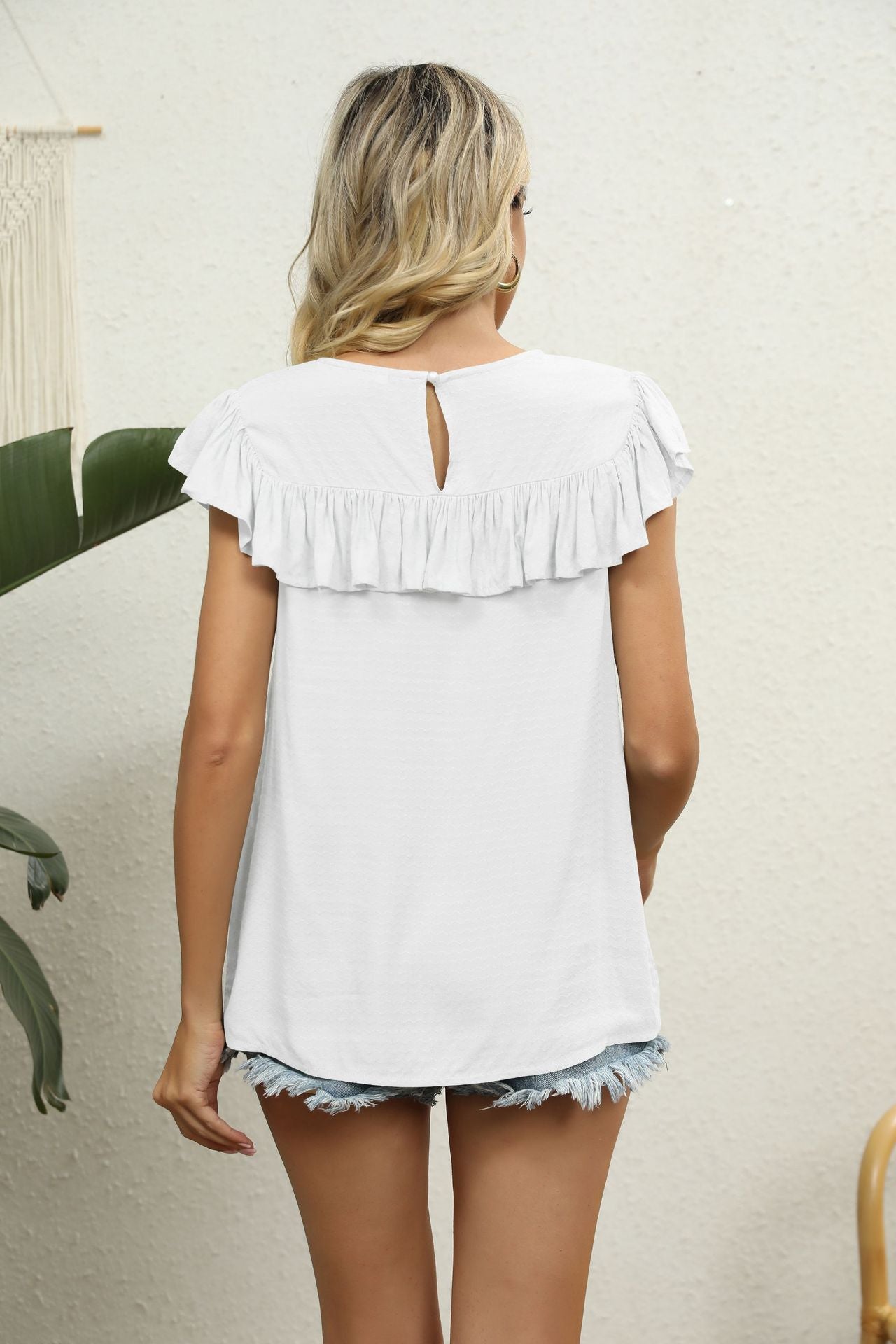 Florence Lace Flutter Blouse detail view styled for Avrienne