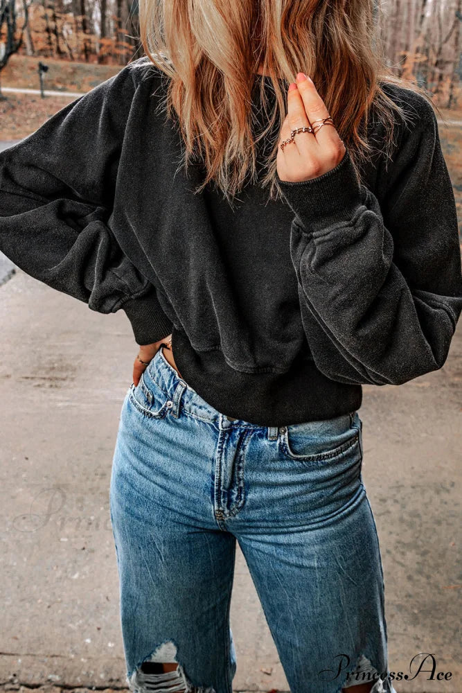 Acid Back Wash Open V-shape in Sweatshirt Black image 6