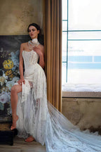 Lace Boned Bandeau High Slit Asymmetrical Reception Dress image 3