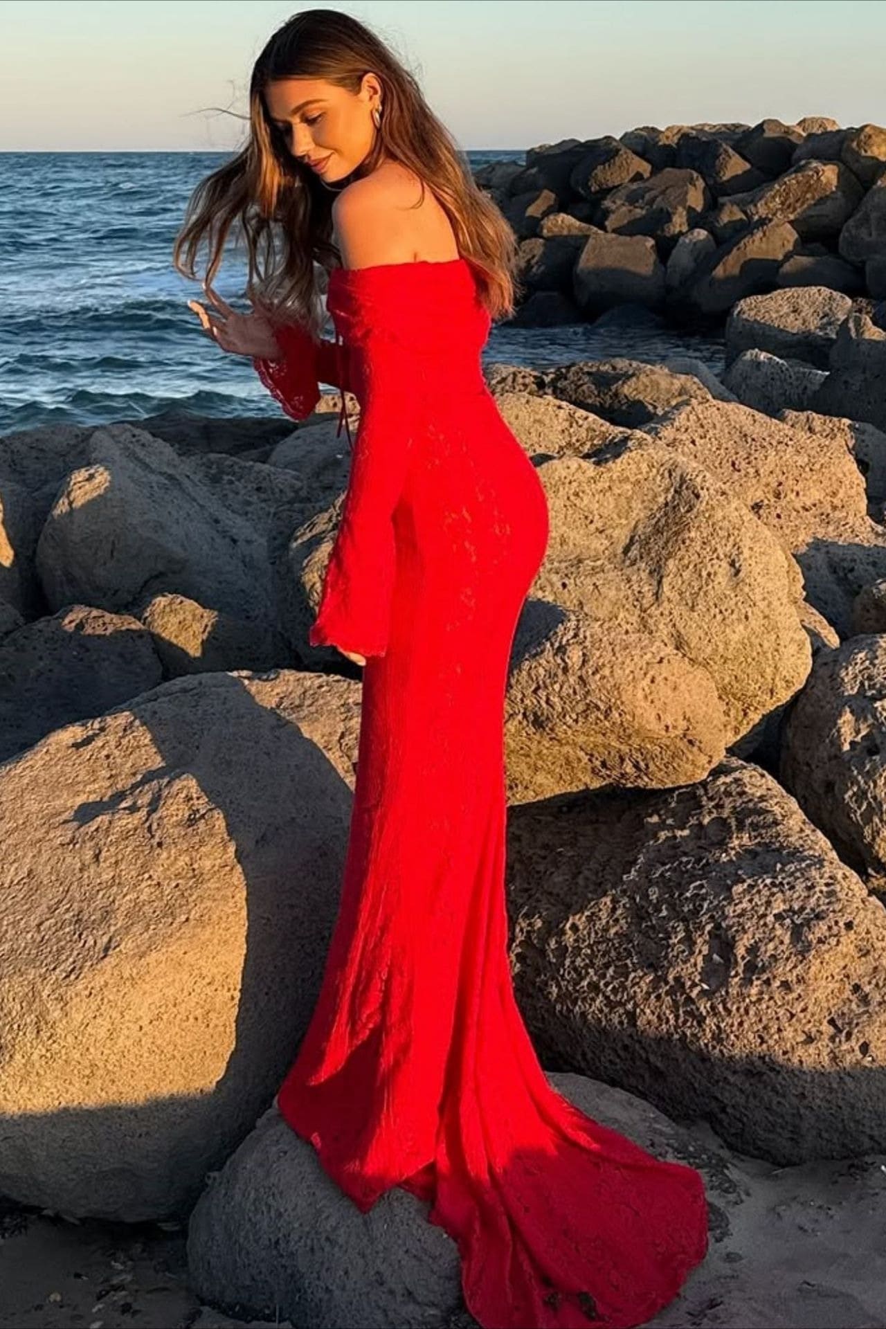 Off Shoulder Lace Flare Sleeve Fitted Train Elegant Maxi Dress image 12