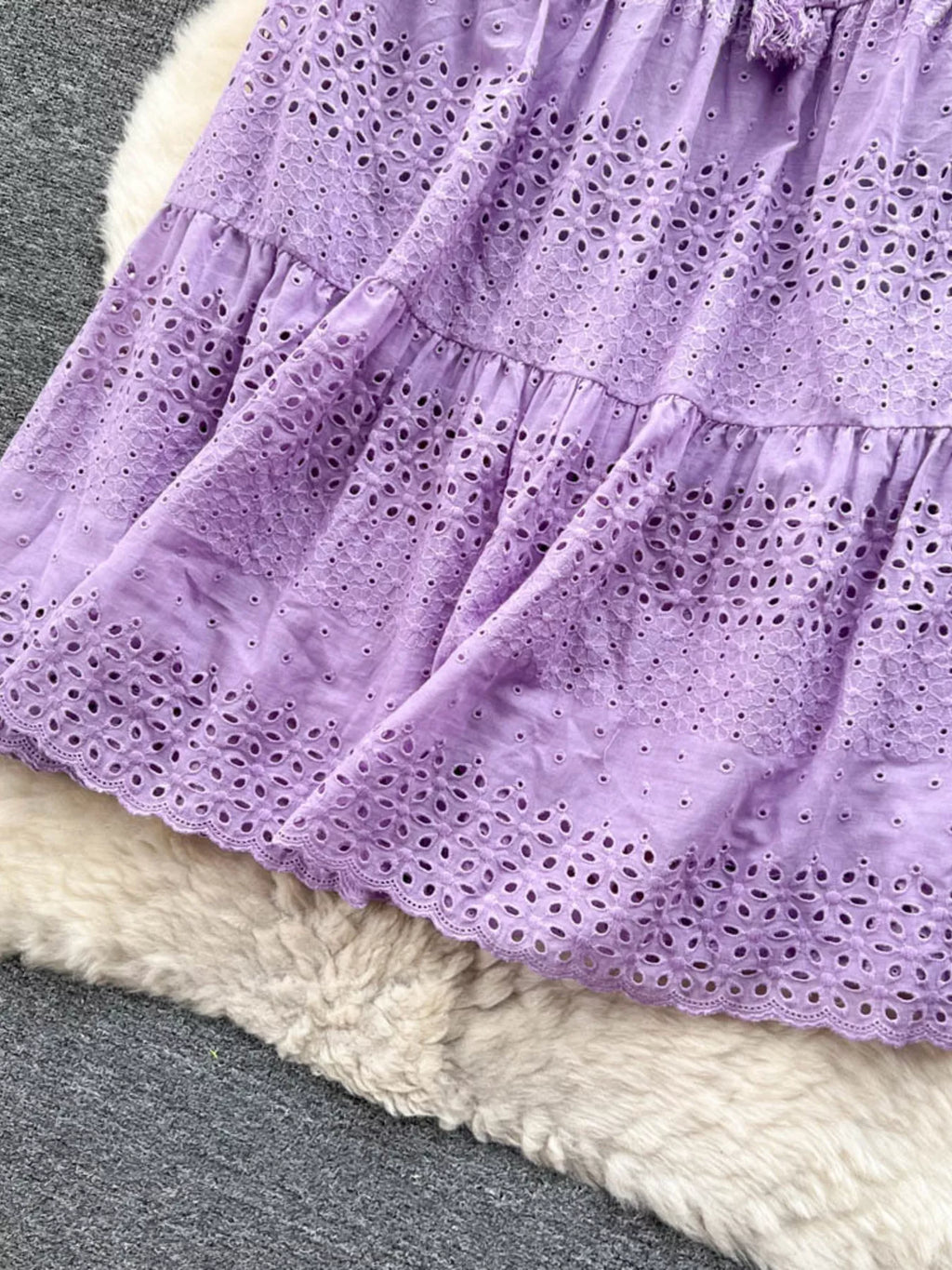 Soleil Eyelet Skirt detail view styled for Avrienne