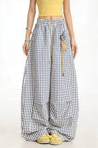 Casual Blue Plaid Curved Pants image 1