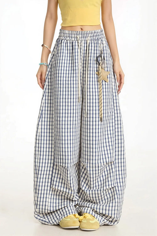Casual Blue Plaid Curved Pants image 1