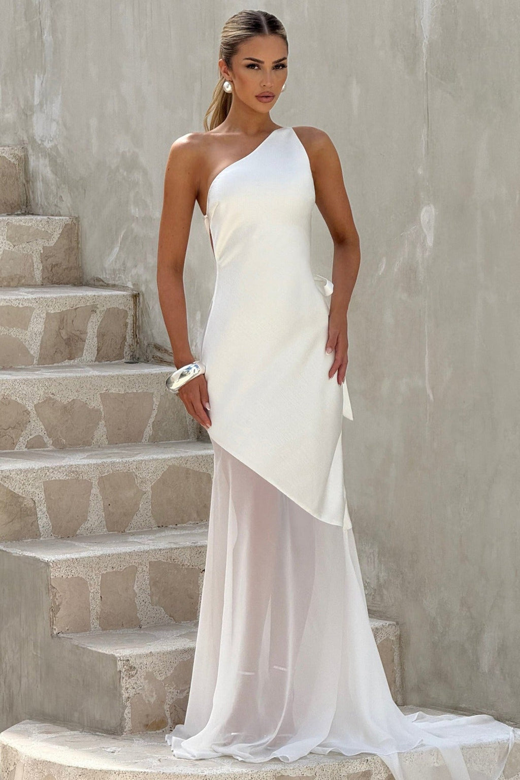 One Shoulder Sleeveless Backless Slim Mesh Tie Maxi Dress image 5