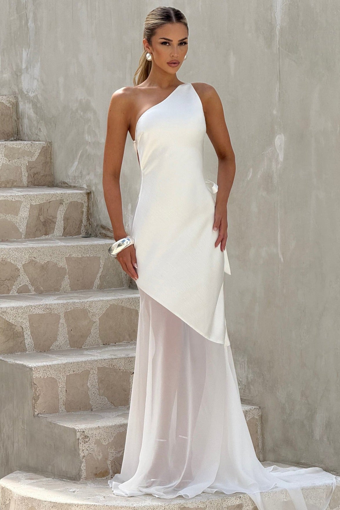 One Shoulder Sleeveless Backless Slim Mesh Tie Maxi Dress image 5