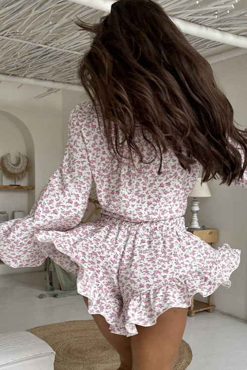 Floral Long Sleeve Lapel Ruffle Shorts Two Piece Set image 3