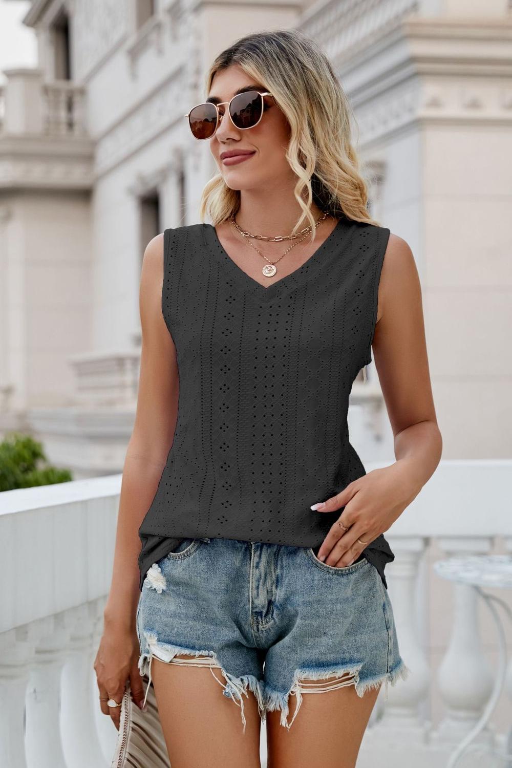 Gia Eyelet Tank detail view styled for Avrienne