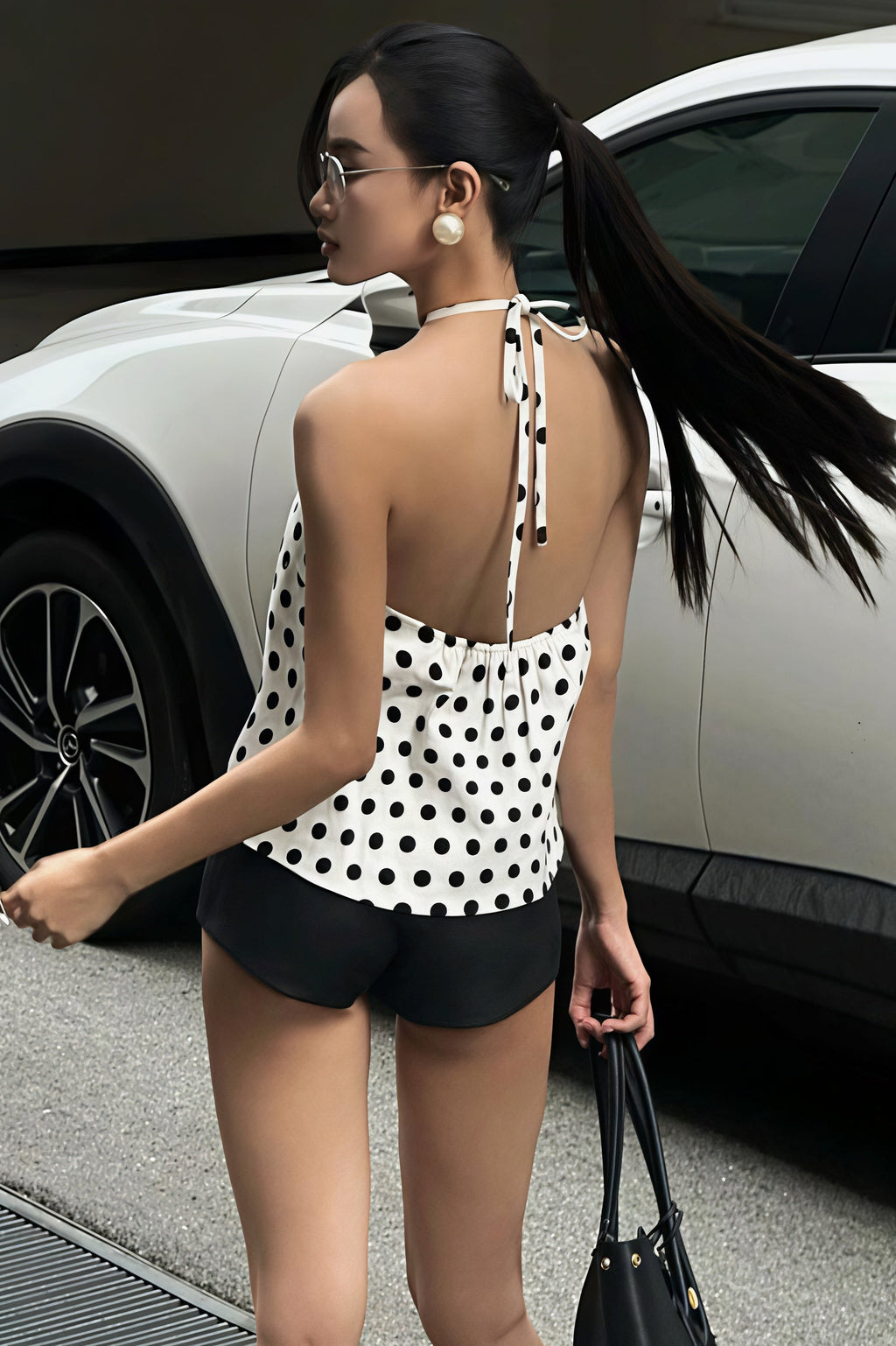 Elegant White Polka Dot Cropped Halter Top image 4
