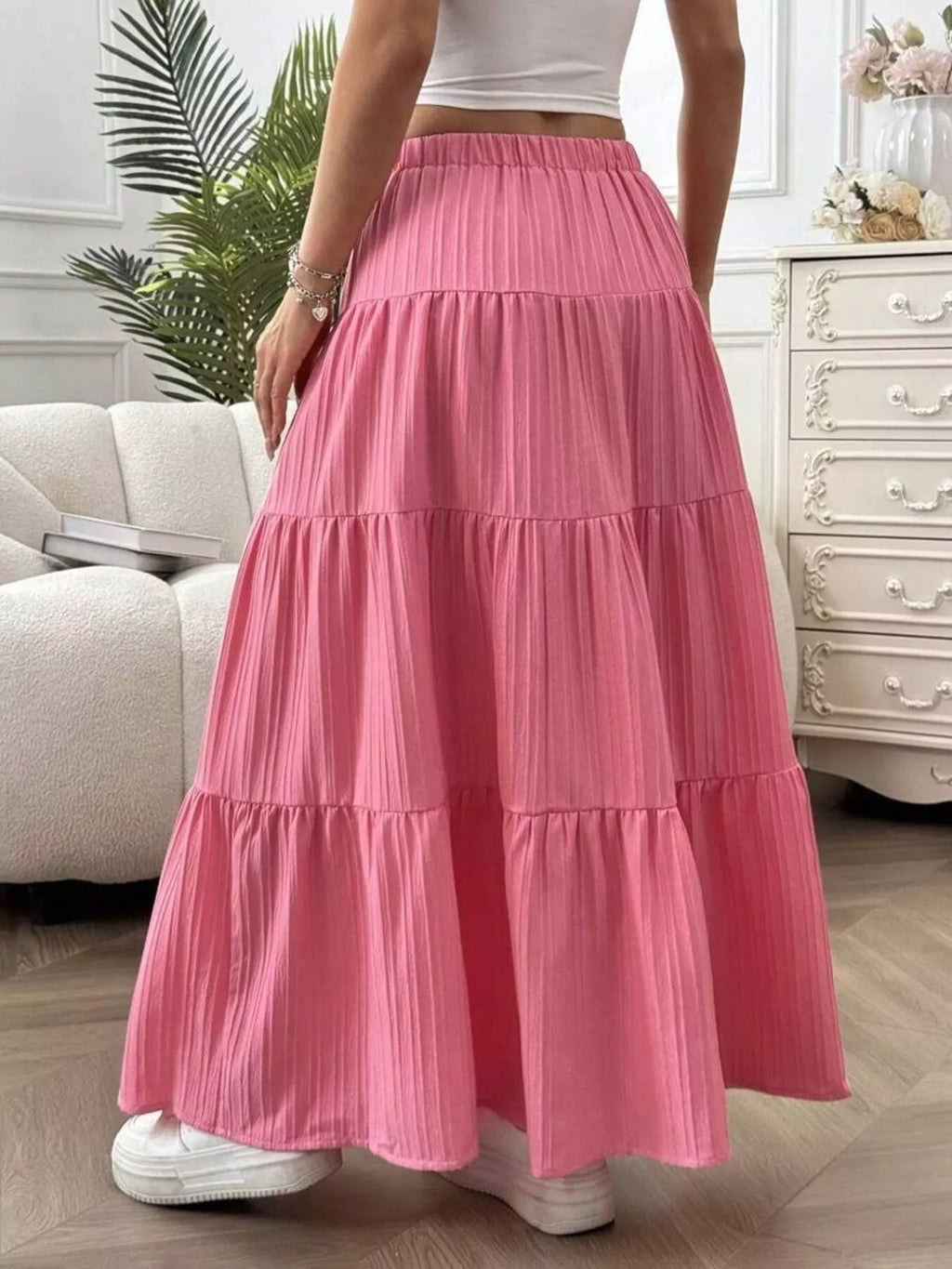 Capri Tiered Maxi Skirt detail view styled for Avrienne