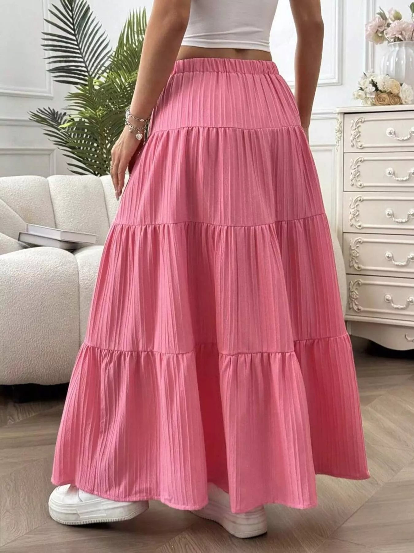 Capri Tiered Maxi Skirt detail view styled for Avrienne