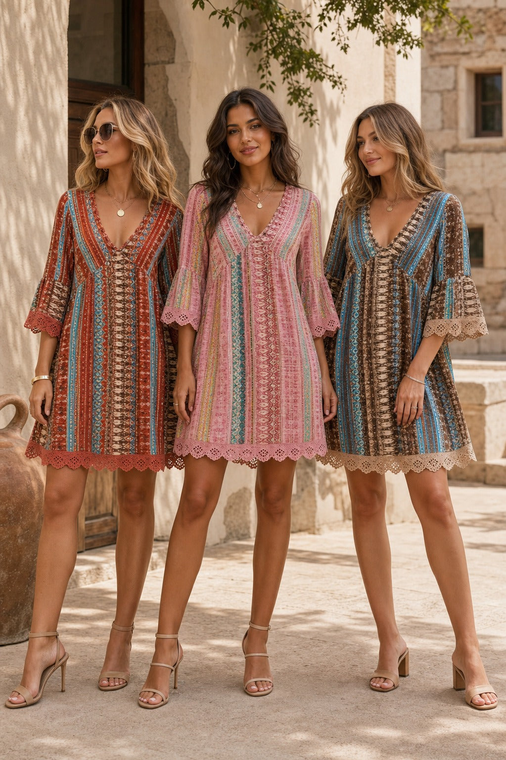 Adeline Lace V-Neck Dress shown on models in Rust, Blush Pink, and Brown for Avrienne