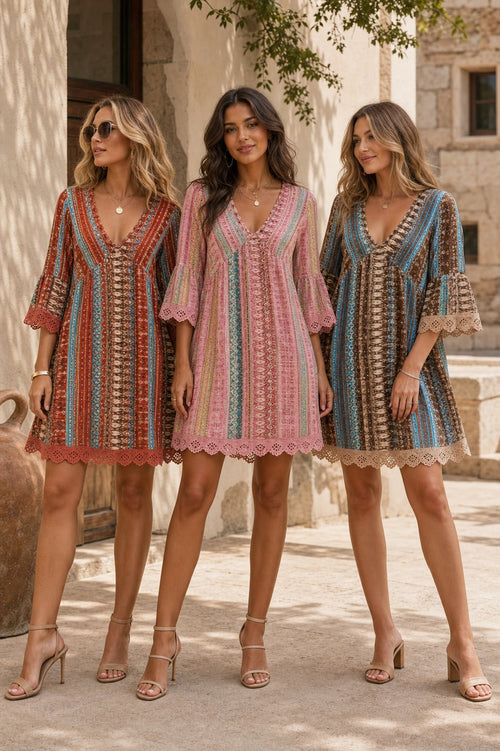 Adeline Lace V-Neck Dress shown on models in Rust, Blush Pink, and Brown for Avrienne