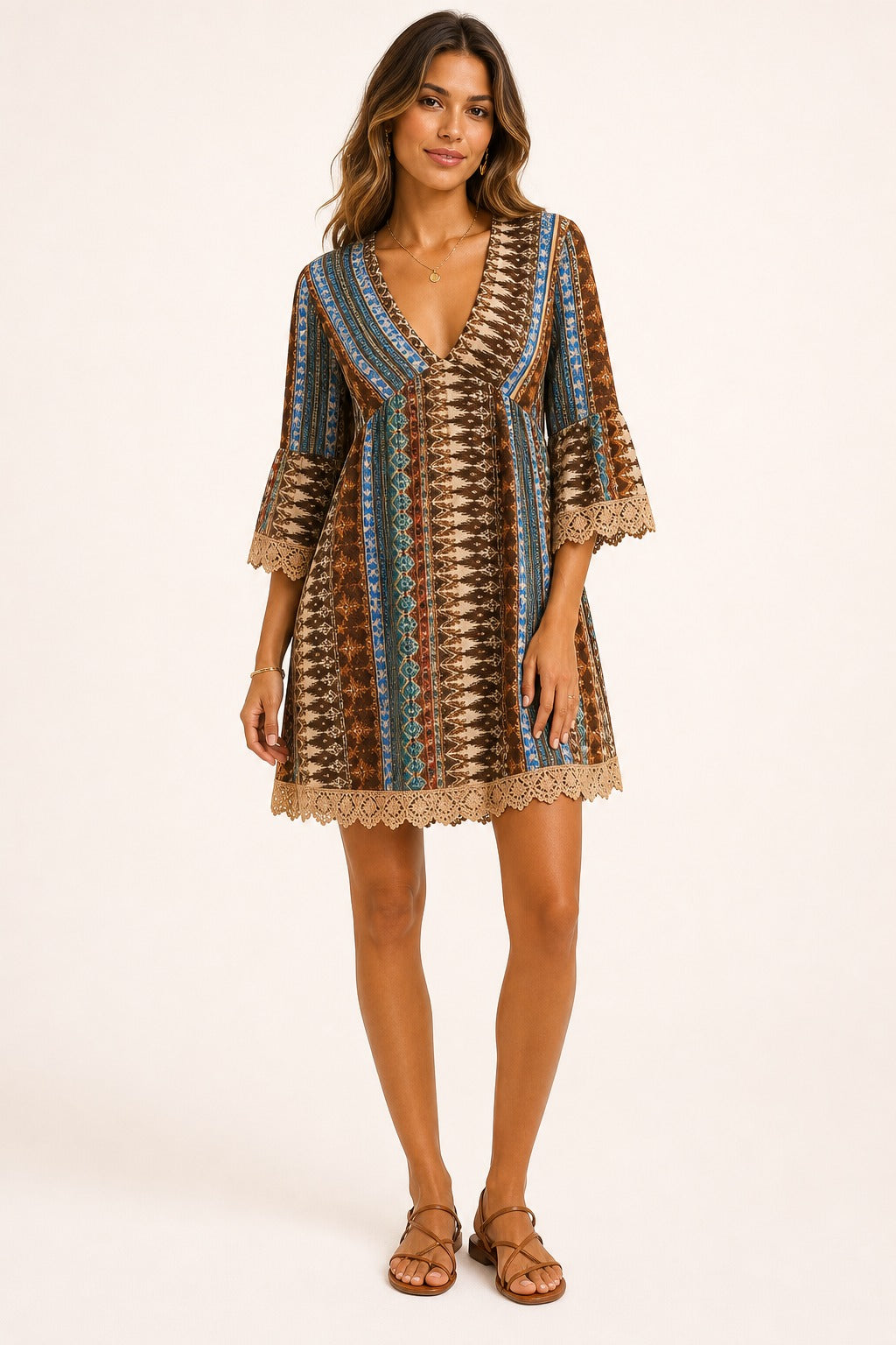 Adeline Lace V-Neck Dress in Brown front view on a model for Avrienne