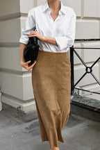 French Minimalist High-Waisted Solid Color Midi Skirt image 2