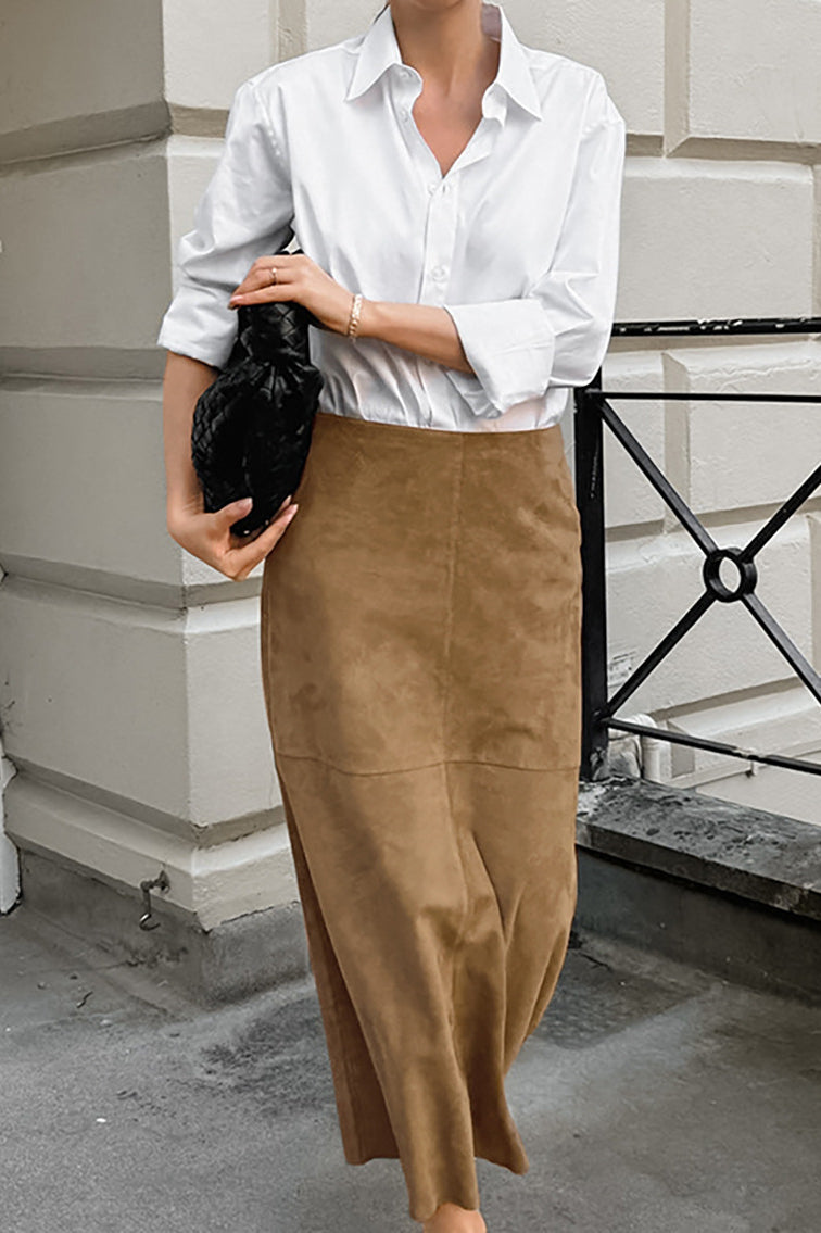 French Minimalist High-Waisted Solid Color Midi Skirt image 2
