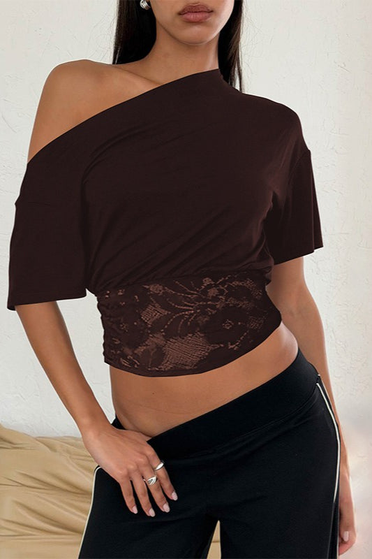 Asymmetric Off Shoulder Lace Waist Slim Crop T-shirt image 3