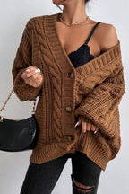 V-Neck Vintage Cable Knit Balloon Sleeve Cardigan image 2