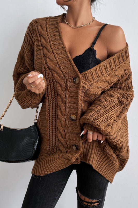 V-Neck Vintage Cable Knit Balloon Sleeve Cardigan image 2