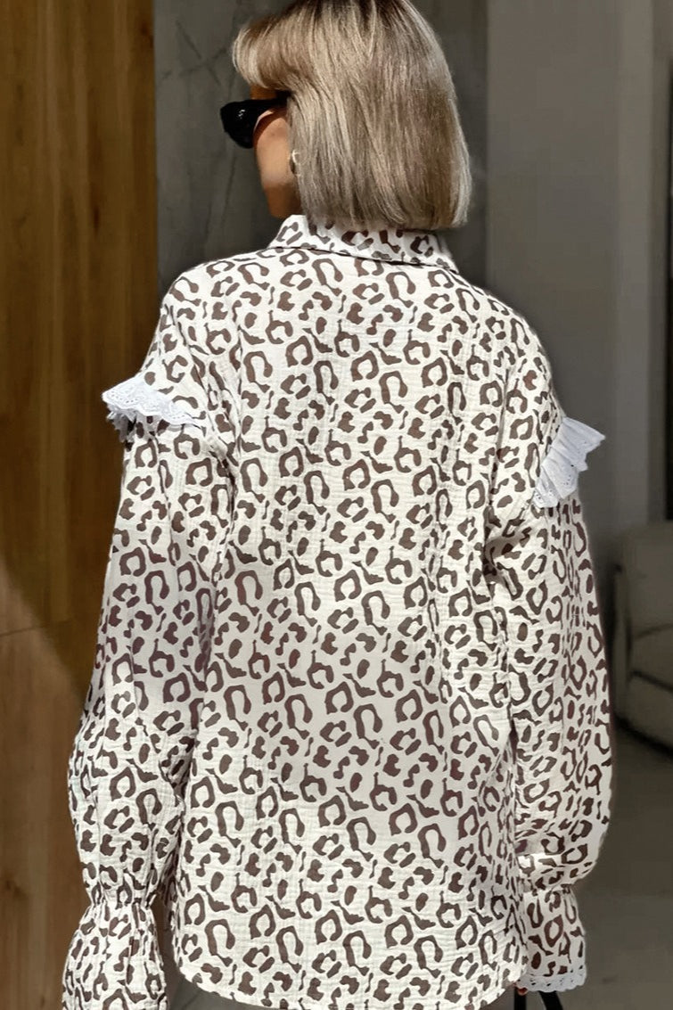 Elegant Leopard Print Cotton Long Sleeve Blouse image 3