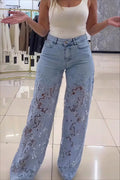 Lace Spliced Hollow Straight Jeans image 1