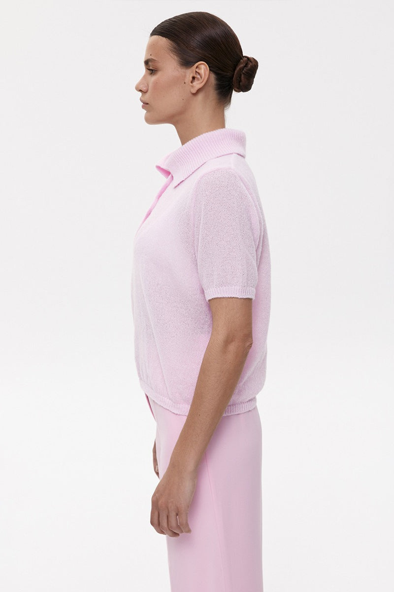 Minimalist Polo Hollow Knit Puff Sleeve Blouse image 7