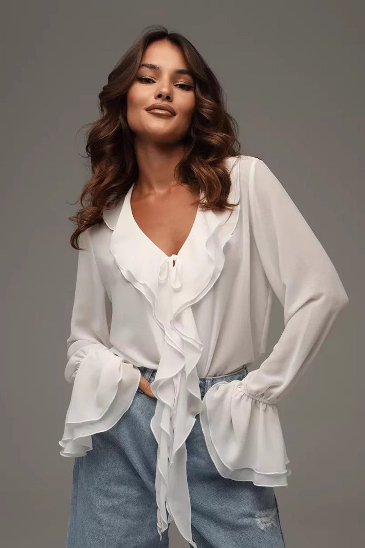 Solid V-Neck Ruffled Flare Sleeve Blouse image 2