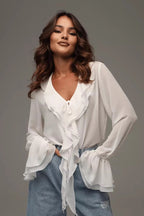 Solid V-Neck Ruffled Flare Sleeve Blouse image 2